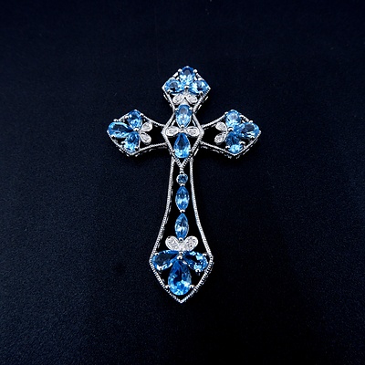 Sterling Silver Cross with Pear Shaped Blue Topaz and Single Cut Diamonds
