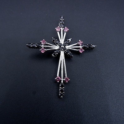 Sterling Silver Cross Pendant with Black and Pink CZ