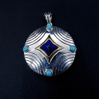 Sterling Silver Circle Pendant with Square Pointed Top Lapis Lazuli and Turquoise