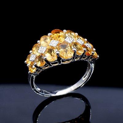 Sterling Silver Ring with Fourteen Yellow Citrine and Six Single Cut Diamonds