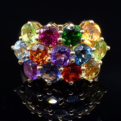 Sterling Silver Gold Plated Ring with Thirteen Coloured Gems, Amethyst, Citrine, Garnet and More