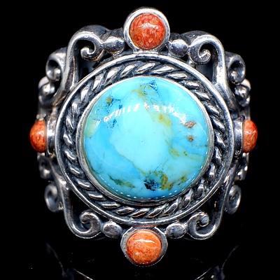 Sterling Silver Ring with Created Turquoise and Red Stone