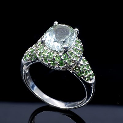 Sterling Silver Ring with Green Quartz and Green CZ