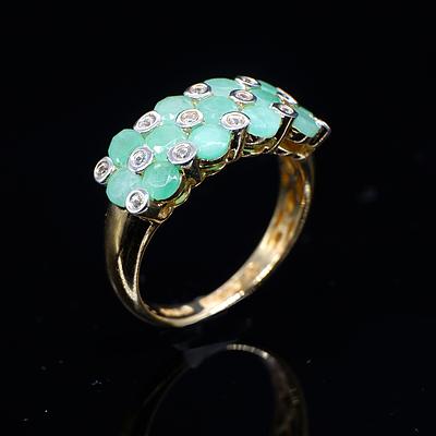 Sterling Silver Ring with Thirteen Opaque Pale Green Emeralds and CZ