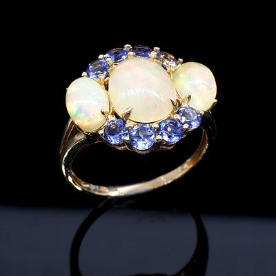 14ct Yellow Gold Ring with Three Created Opal and Eight Round Amethyst