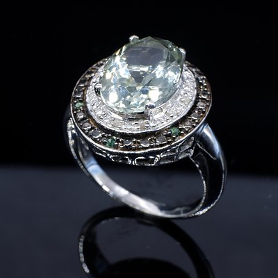 Sterling Silver Ring with Green Quartz, Uncut Diamonds and Treated Green Diamonds