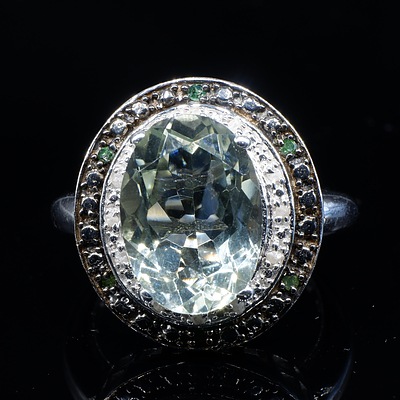 Sterling Silver Ring with Green Quartz, Uncut Diamonds and Treated Green Diamonds