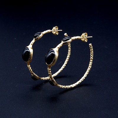 Silver Gold Plated Hoop Earrings with Three Oval Cabochons of Black Paste