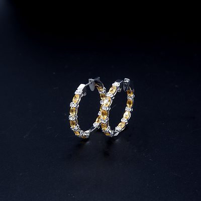 Sterling Silver Hoop Earrings with Oval Citrine and CZ
