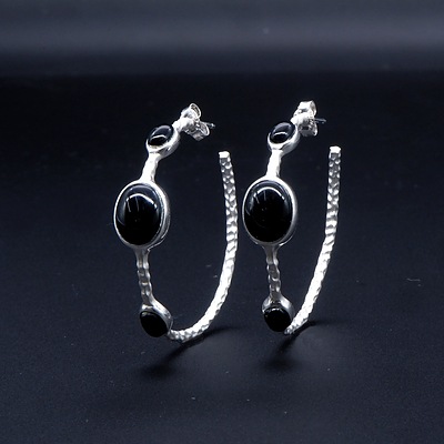 Sterling Silver Hoop Earrings with Three Oval Cabochons of Black Paste