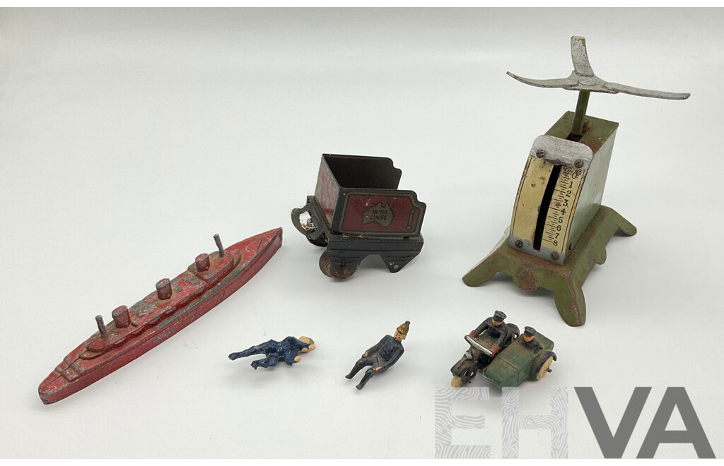Vintage Dinky Toys Cast Motorcycle and Side Car, Fire Fighters, Cast Lead Ship, Wyn Toys Locomotive Tender and Toy Scales