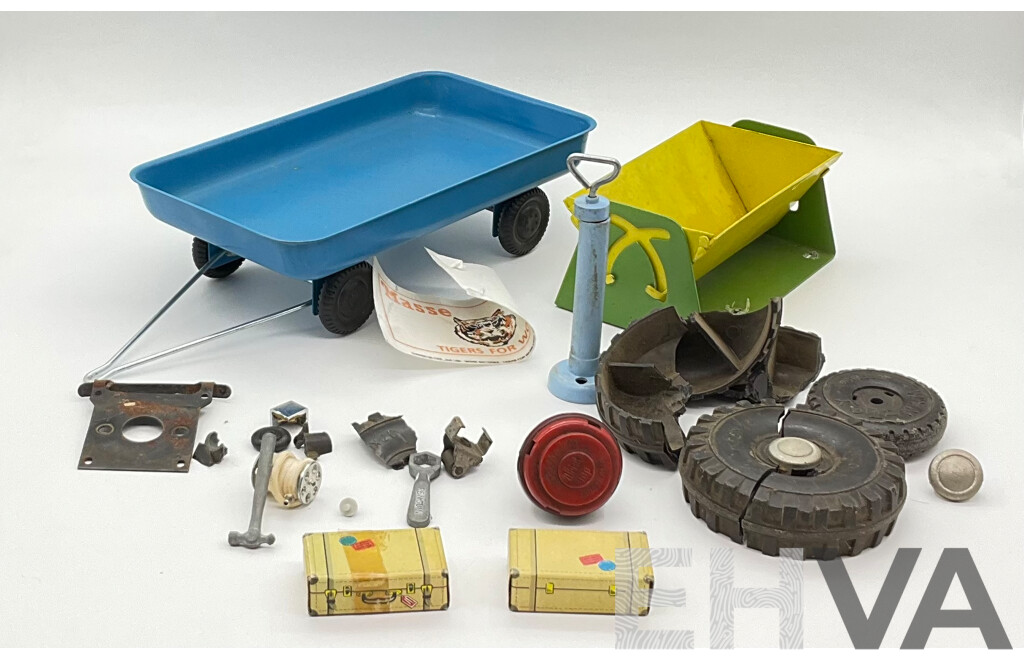 Vintage Pressed Steel Trailer and Tipper with Toy Luggage, Tools, Fethalite Whistle Top, and Wyn Toys/Linciln Toys Wheel Parts