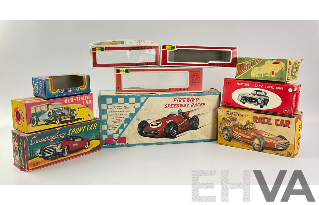 Collection of Japanese Toy Car Boxes Including KK, Diapet, SSS, Tomiyama, Asahitoy, Sanshin, Bandai Baby
