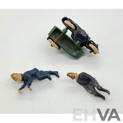 Vintage Dinky Toys Cast Motorcycle and Side Car, Fire Fighters, Cast Lead Ship, Wyn Toys Locomotive Tender and Toy Scales