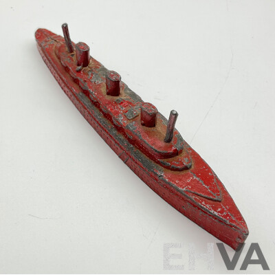 Vintage Dinky Toys Cast Motorcycle and Side Car, Fire Fighters, Cast Lead Ship, Wyn Toys Locomotive Tender and Toy Scales