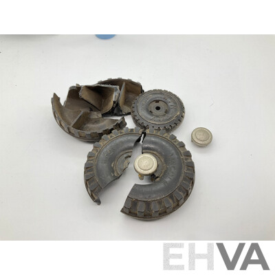 Vintage Pressed Steel Trailer and Tipper with Toy Luggage, Tools, Fethalite Whistle Top, and Wyn Toys/Linciln Toys Wheel Parts