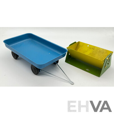 Vintage Pressed Steel Trailer and Tipper with Toy Luggage, Tools, Fethalite Whistle Top, and Wyn Toys/Linciln Toys Wheel Parts