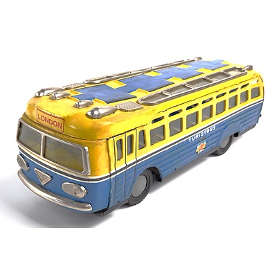 Vintage Tin Toy Tourist Bus -  Blue and Yellow