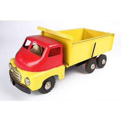 Vintage Boomaroo Australia Tin Tipper Truck - Red and Yellow