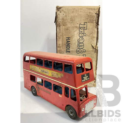 Vintage Tri-Ang Toy London Transport Double Decker Bus Number 93 Wimbledon Morden Putney Bridge Station