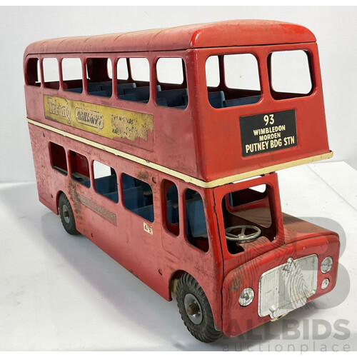 Vintage Tri-Ang Toy London Transport Double Decker Bus Number 93 Wimbledon Morden Putney Bridge Station