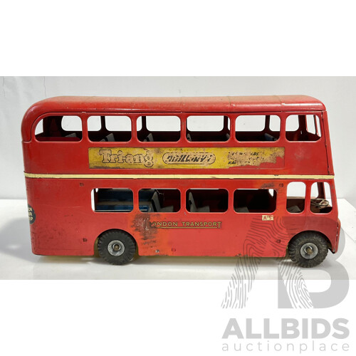 Vintage Tri-Ang Toy London Transport Double Decker Bus Number 93 Wimbledon Morden Putney Bridge Station