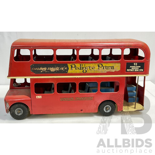 Vintage Tri-Ang Toy London Transport Double Decker Bus Number 93 Wimbledon Morden Putney Bridge Station