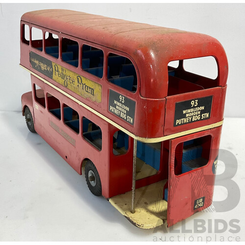 Vintage Tri-Ang Toy London Transport Double Decker Bus Number 93 Wimbledon Morden Putney Bridge Station