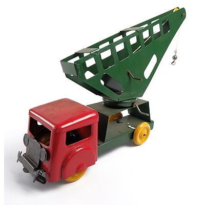 Vintage Tin Crane Truck - Red, Green and Yellow - Probably Wyn Toy Australia