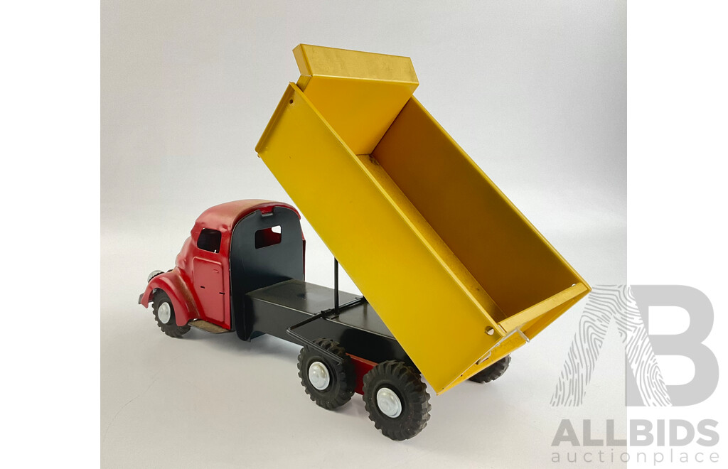 Vintage Pressed Steel Boomaroo Toy Dump Truck with Lever Operated Steering and Tipper