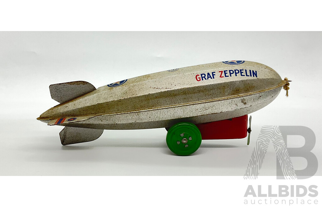 Vintage Pressed Steel J Chein & Co Graf Zeppelin with Spinning Propeller