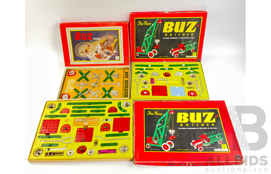Vintage Buz Builder Sets Number One, Two and Three with Books of Models