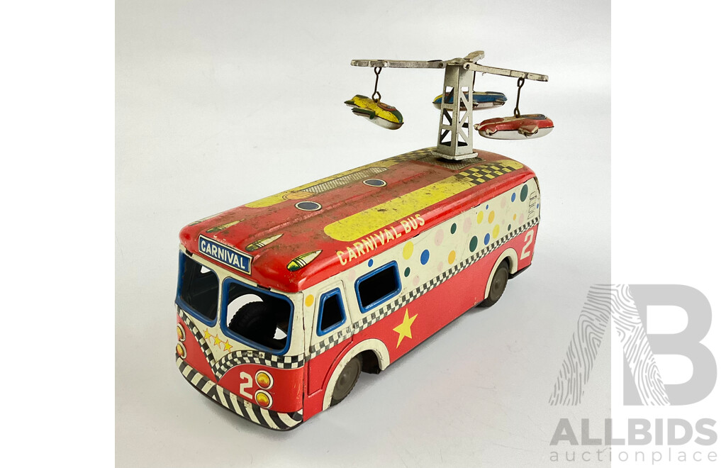 Vintage Pressed Steel Toy Carnival Bus with Friction Motor