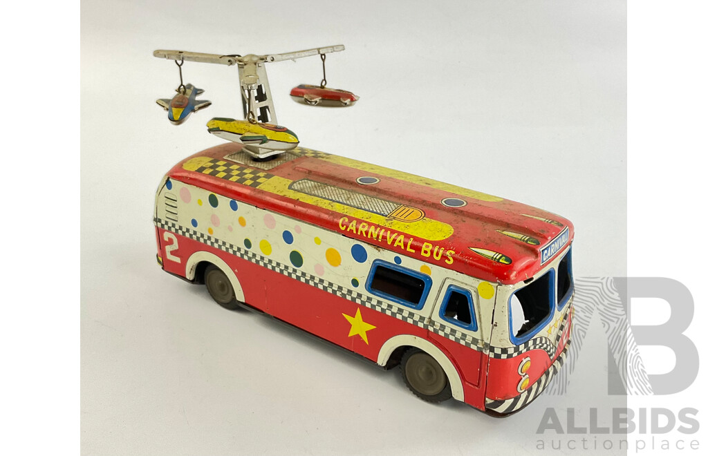 Vintage Pressed Steel Toy Carnival Bus with Friction Motor