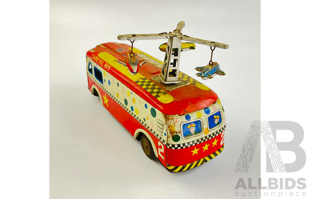 Vintage Pressed Steel Toy Carnival Bus with Friction Motor