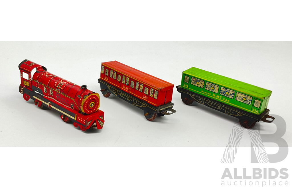 Vintage Mettoy Pressed Steel M.M.T Steam Train 511 with Passenger and Dinning Cars, Made in Australia