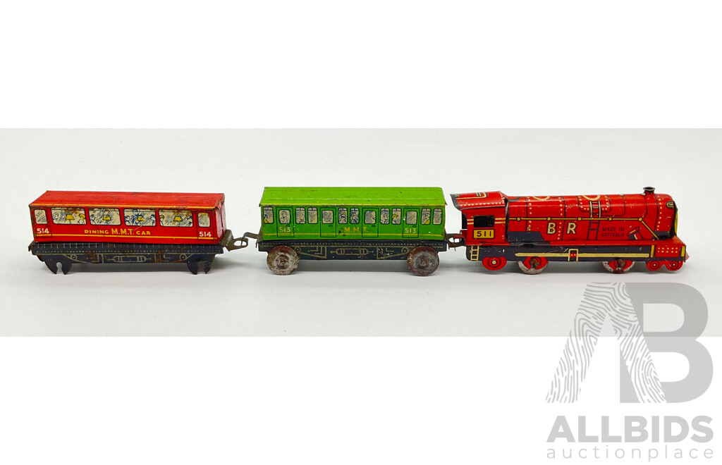 Vintage Mettoy Pressed Steel M.M.T Steam Train 511 with Passenger and Dinning Cars, Made in Australia