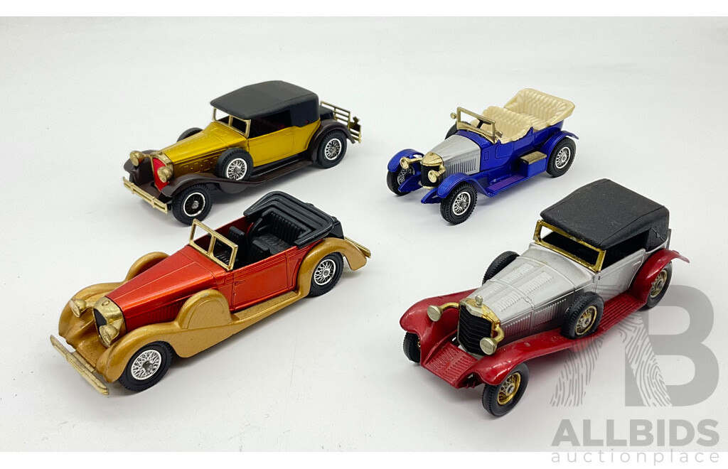 Vintage Matchbox Models of Yesteryear 1938 Lagonda Drophead Coupe, 1928 Mercedes Benz SS, 1930 Packard Victoria and 1914 Prince Henry Vauxhall