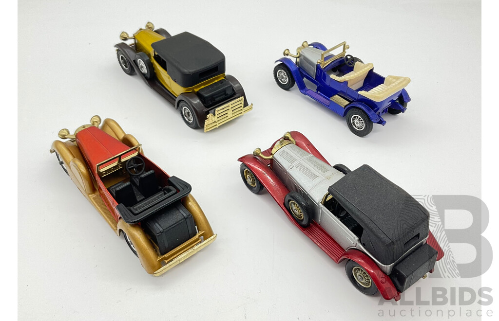 Vintage Matchbox Models of Yesteryear 1938 Lagonda Drophead Coupe, 1928 Mercedes Benz SS, 1930 Packard Victoria and 1914 Prince Henry Vauxhall