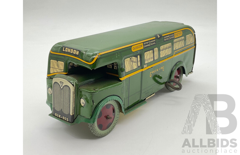 Vintage Wells Brimtoy Pressed Steel Wind Up Green Line London Bus, Made in England