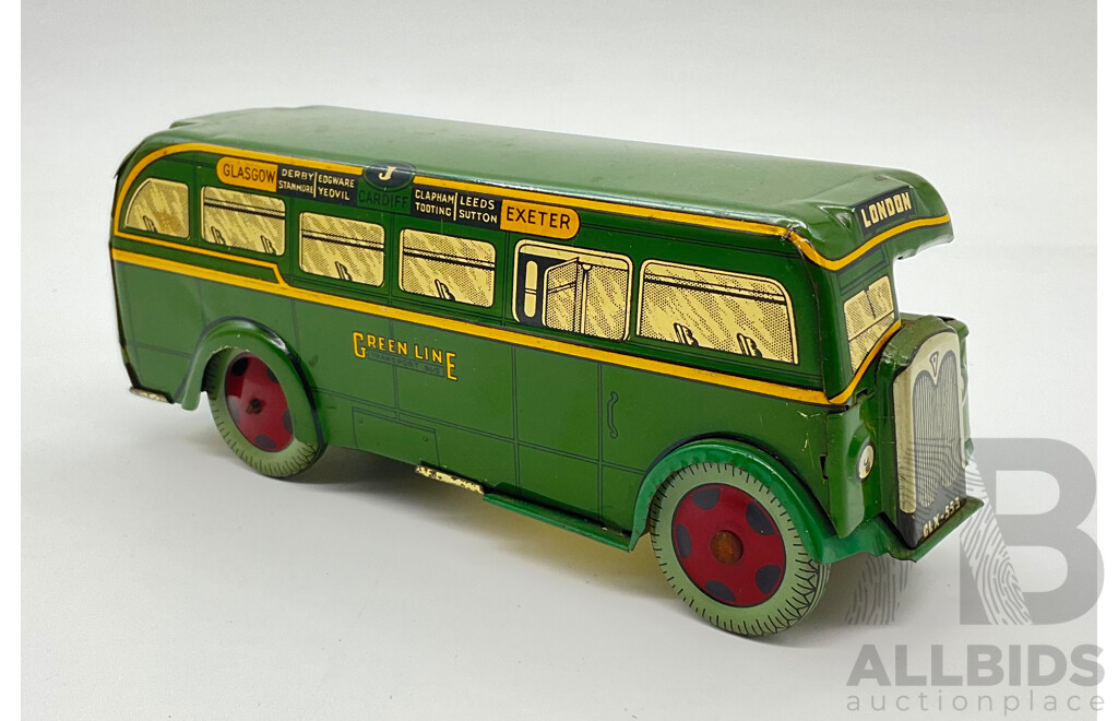 Vintage Wells Brimtoy Pressed Steel Wind Up Green Line London Bus, Made in England