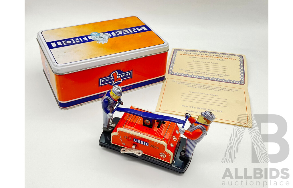 Vintage Lionel 'O' Scale Schylling Collectors Series Pressed Steel Wind Up Handcar in Original Tin Box