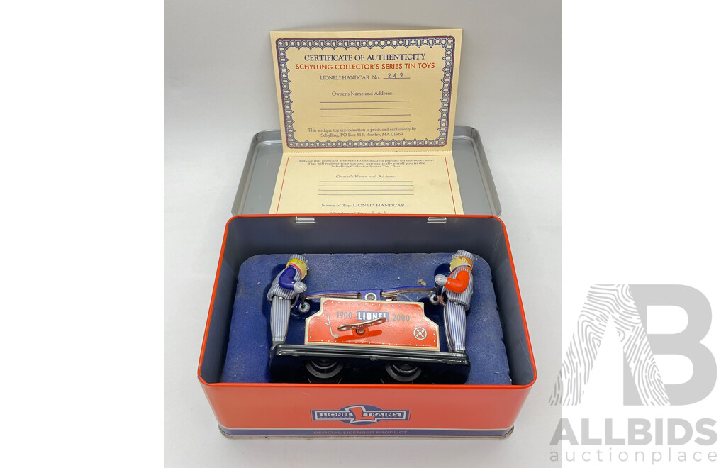 Vintage Lionel 'O' Scale Schylling Collectors Series Pressed Steel Wind Up Handcar in Original Tin Box