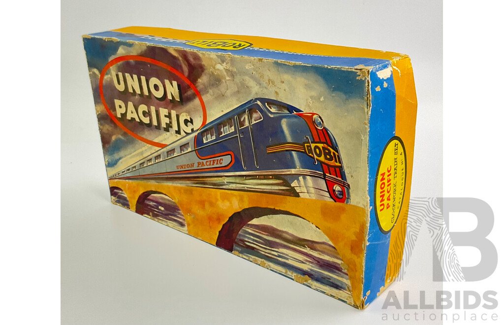 Rare Vintage Robilt Pressed Steel Clock Work Union Pacific Train Set in Original Box