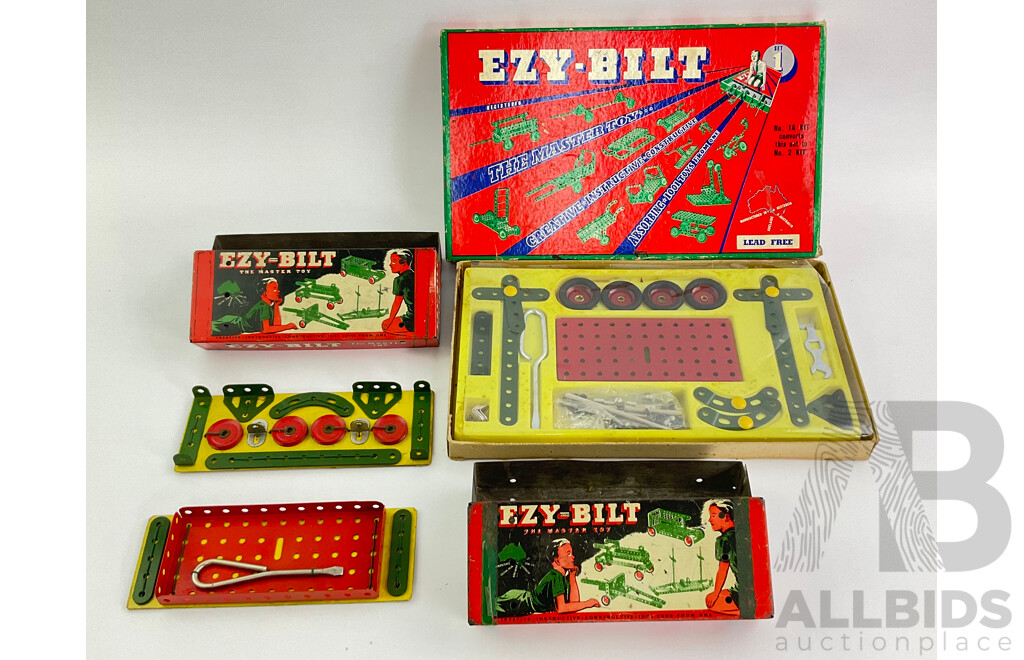Vintage Ezy Bilt Set One in Original Box with Small Sets One and Three in Tin Boxes, Made in Australia