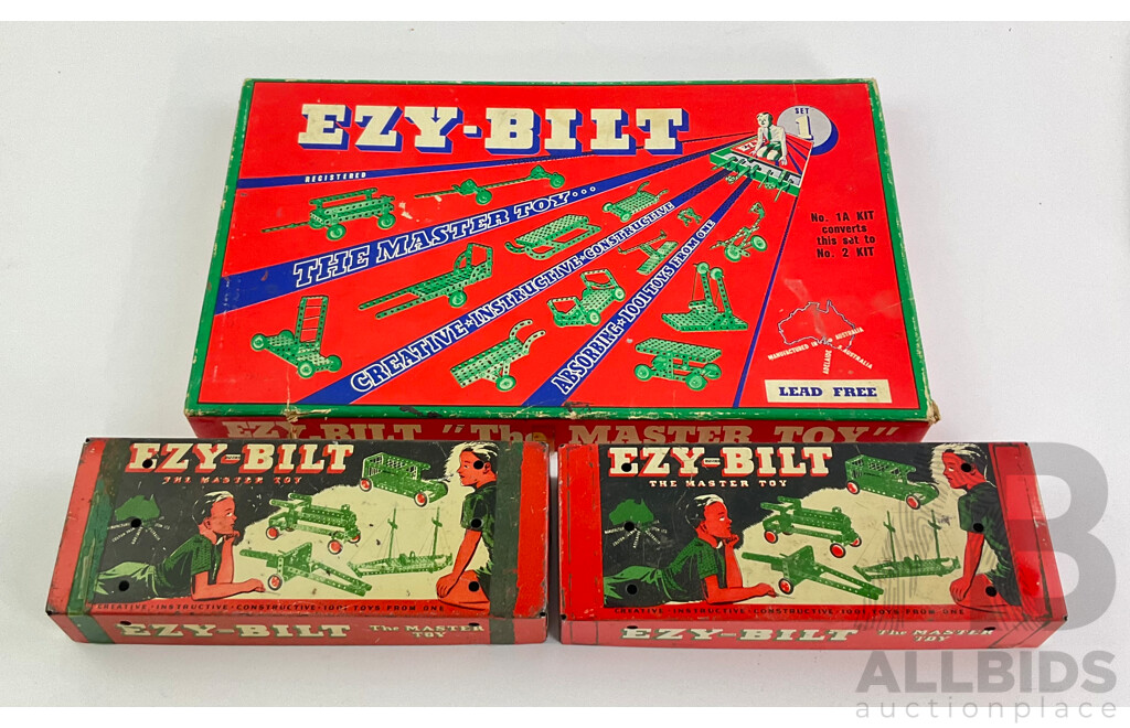Vintage Ezy Bilt Set One in Original Box with Small Sets One and Three in Tin Boxes, Made in Australia