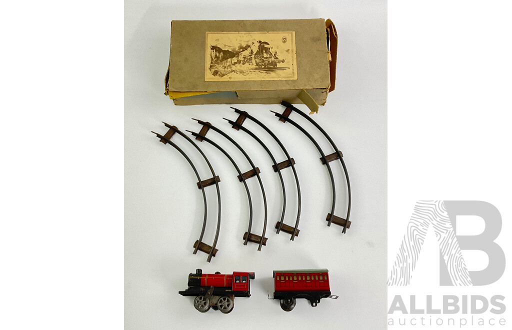 Antique KBN Pressed Steel Clock Work Steam Locomotive with Track and Original Box, Made in Germany