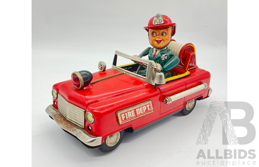 Vintage Toy Nomura Pressed Steel Battery Powered Fire Department Cheif Vechicle, Made in Japan