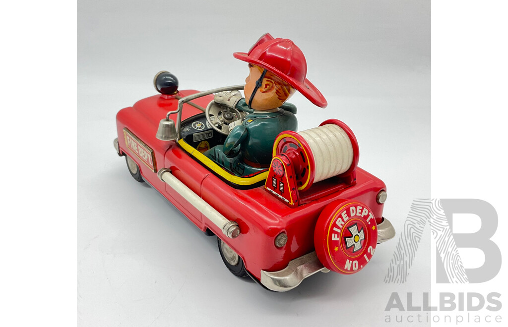 Vintage Toy Nomura Pressed Steel Battery Powered Fire Department Cheif Vechicle, Made in Japan