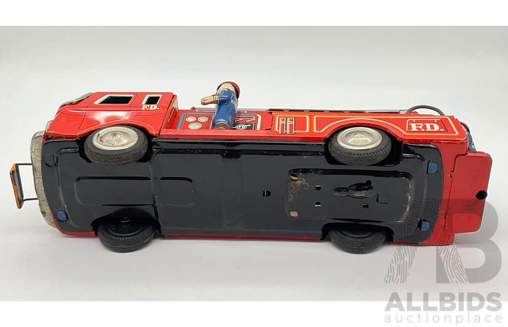 Vintage Yonezawa Pressed Steel Fire Department Truck with Friction Motor, Made in Japan